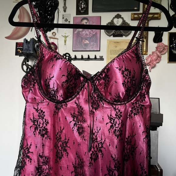 Y2K Bustier Cami Pink Black Lace Slip Top Vintage - Picture 3 of 5
